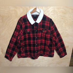 Torrid Plaid Jacket Red Black White Sherpa Collar Unisex Womens Sz M.